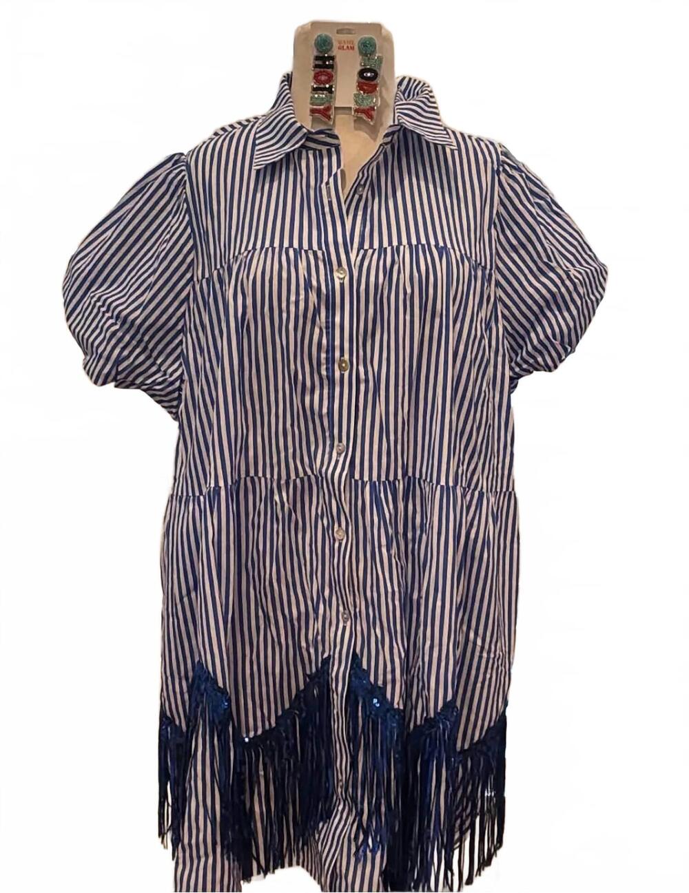 NEW MUSTARD SEED women's pin strip sequin and fringe dress in blue